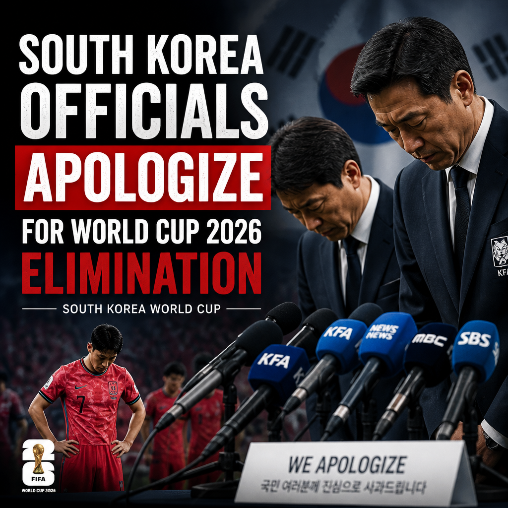 South Korean soccer officials bowing and apologizing at a press conference after World Cup 2026 elimination.