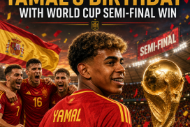 A soccer player in Spain's red uniform celebrates scoring during a World Cup semi-final match.