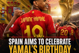 Spanish football player Lamine Yamal celebrates his birthday on the field during a match.