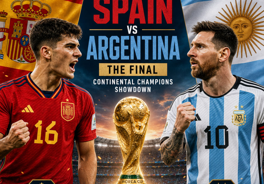 Spain and Argentina players compete fiercely in the 2026 World Cup final with the trophy displayed center stage.