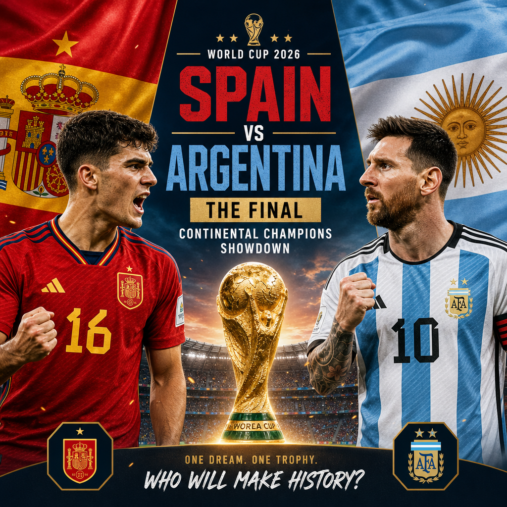 Spain and Argentina players compete fiercely in the 2026 World Cup final with the trophy displayed center stage.