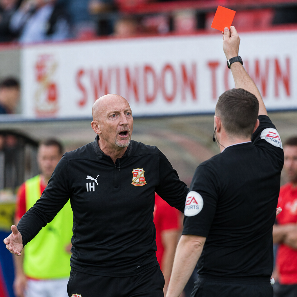 Football referee shows a red card to Swindon Town manager Ian Holloway during a match.