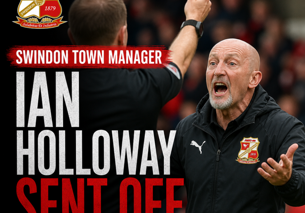 Swindon Town manager Ian Holloway is shown receiving a red card and being sent off during a pre-season match.