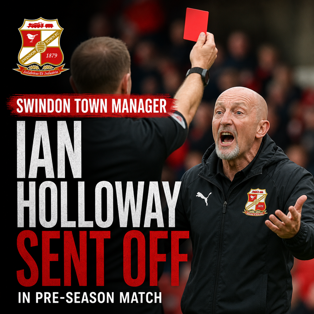 Swindon Town manager Ian Holloway is shown receiving a red card and being sent off during a pre-season match.