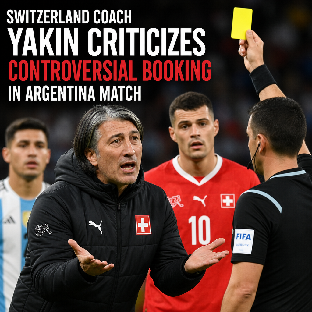 Switzerland coach Murat Yakin gestures passionately while criticizing a yellow card decision in the Argentina match.