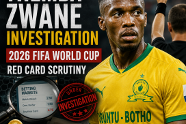 Themba Zwane looks concerned during a 2026 FIFA World Cup match amid red card investigation.