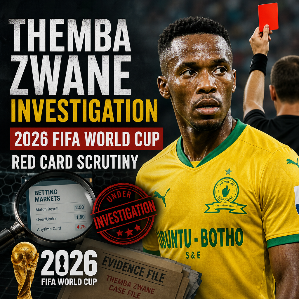 Themba Zwane looks concerned during a 2026 FIFA World Cup match amid red card investigation.