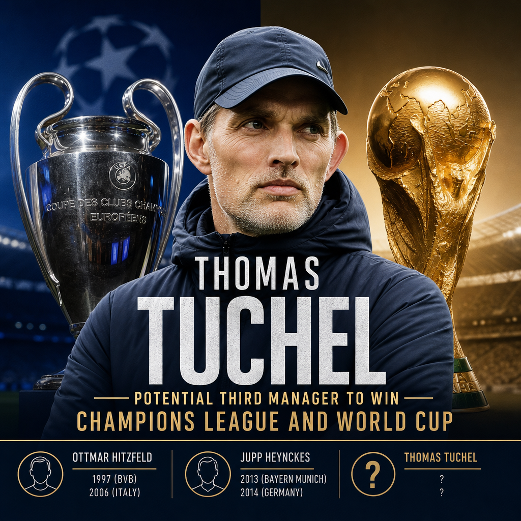 Portrait of football manager Thomas Tuchel in a suit during a match, highlighting his achievements in football.