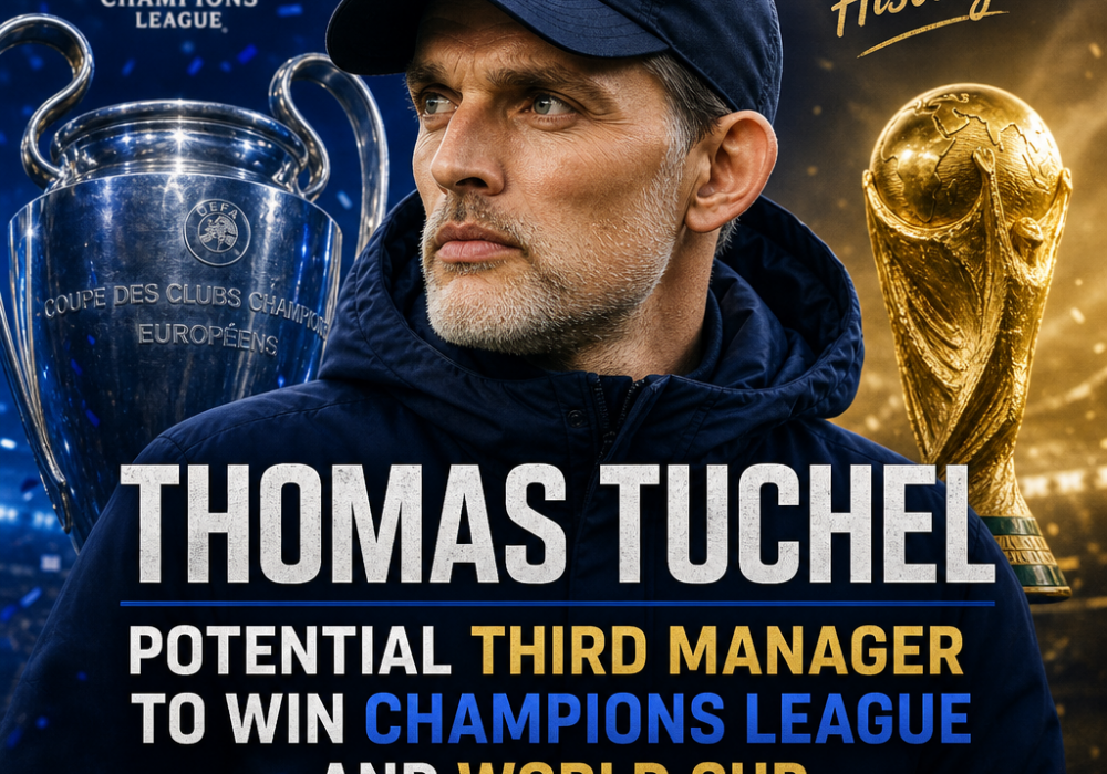 Thomas Tuchel in a suit, standing with crossed arms, representing potential Champions League and World Cup winner.