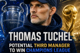 Thomas Tuchel in a suit, standing with crossed arms, representing potential Champions League and World Cup winner.