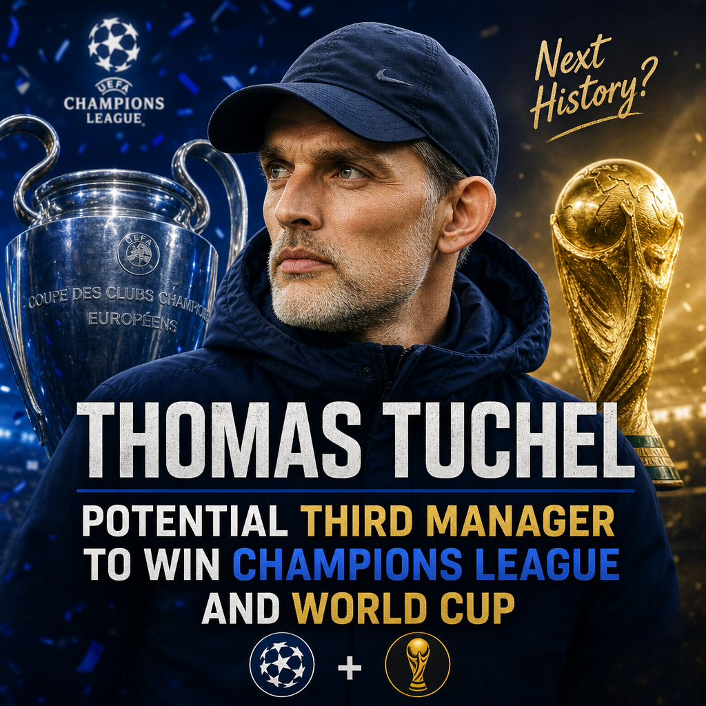 Thomas Tuchel in a suit, standing with crossed arms, representing potential Champions League and World Cup winner.
