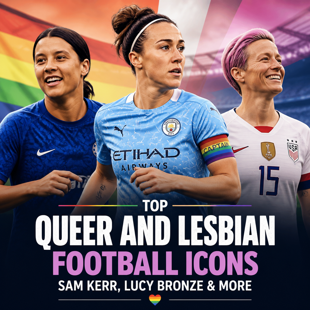 Portraits of top queer and lesbian football icons including Sam Kerr and Lucy Bronze.