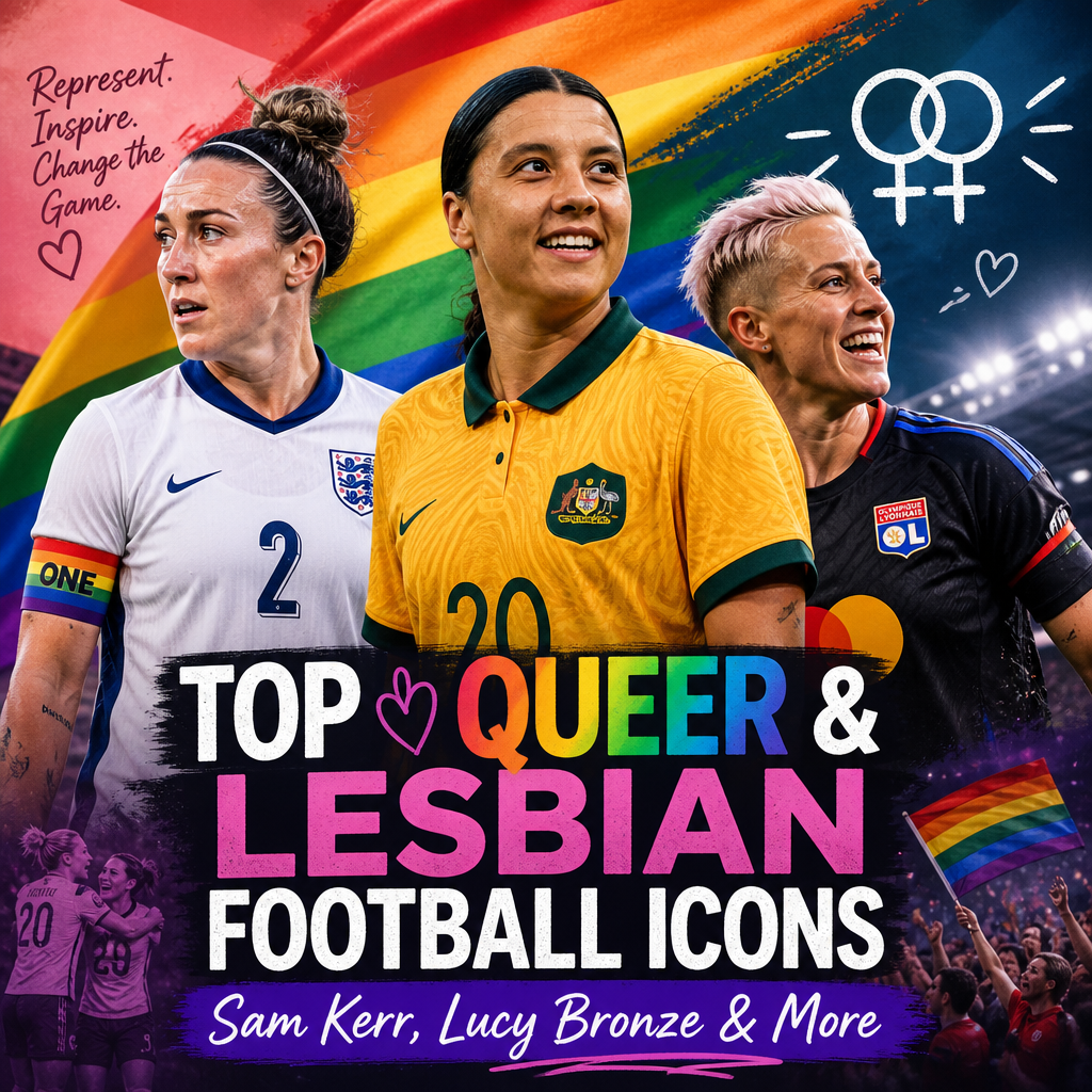 Portraits of top queer and lesbian football icons Sam Kerr, Lucy Bronze, and others with a rainbow pride background.