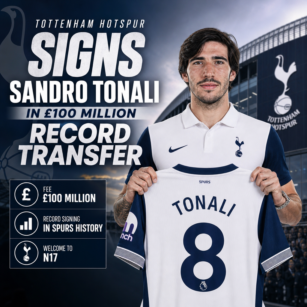 Sandro Tonali holding a Tottenham Hotspur jersey, celebrating his £100 million signing.