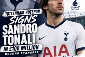 Sandro Tonali in Tottenham Hotspur jersey, celebrating the club’s record £100 million signing announcement.