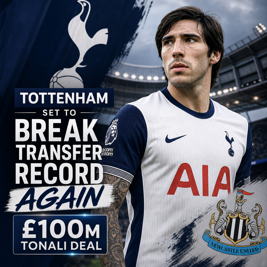 Tottenham Hotspur logo with a £100 million transfer value and a photo of footballer Sandro Tonali.