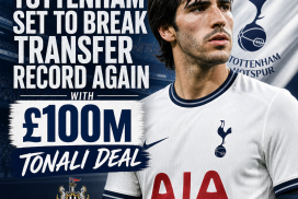 Tottenham Hotspur logos with £100M transfer text highlighting Sandro Tonali deal.