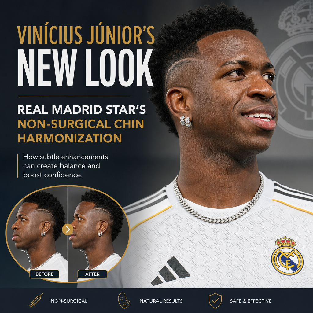 Vinícius Júnior with a natural, enhanced chin profile after non-surgical chin harmonization treatment.