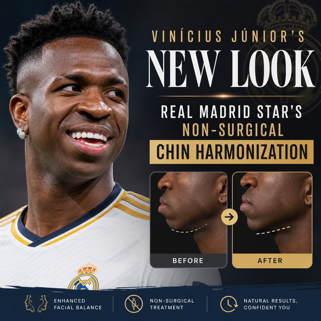 Vinícius Júnior smiling, highlighting his natural-looking chin after non-surgical harmonization treatment.