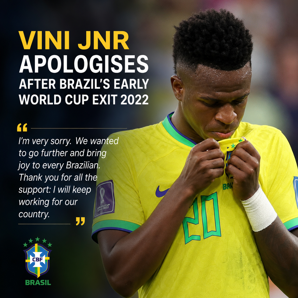 Vinicius Junior expressing regret and apologizing for Brazil's early exit from the 2022 World Cup.
