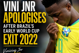 Vinicius Junior gestures with hands raised, apologizing after Brazil's early exit from the 2022 FIFA World Cup.