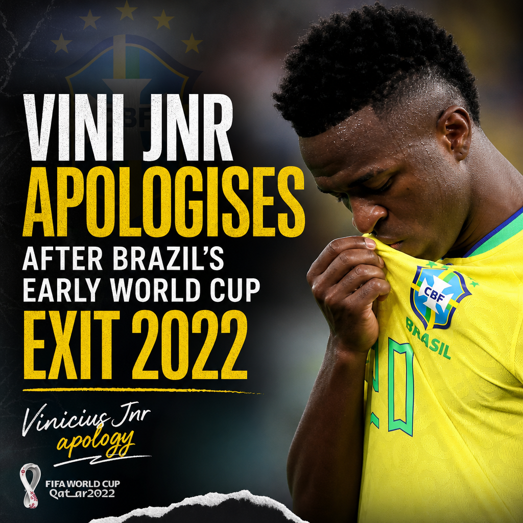 Vinicius Junior gestures with hands raised, apologizing after Brazil's early exit from the 2022 FIFA World Cup.