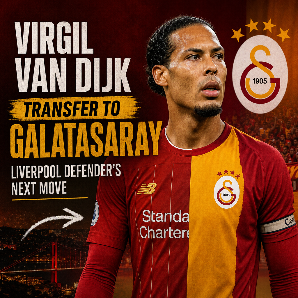 Virgil van Dijk wearing a Liverpool jersey, looking focused, with Galatasaray logo and transfer news background.