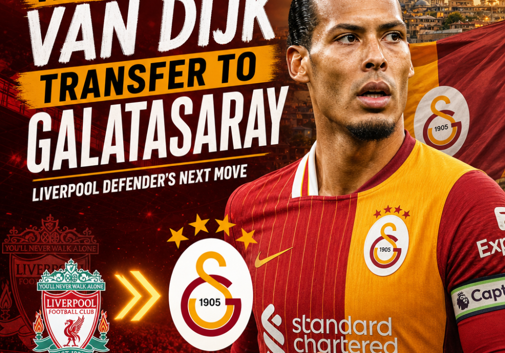 Virgil van Dijk standing in front of Liverpool and Galatasaray logos with transfer announcement graphics.