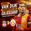 Virgil van Dijk standing in front of Liverpool and Galatasaray logos with transfer announcement graphics.