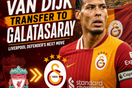 Virgil van Dijk standing in front of Liverpool and Galatasaray logos with transfer announcement graphics.