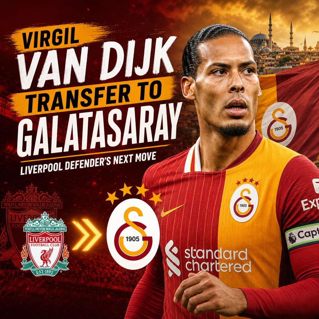 Virgil van Dijk standing in front of Liverpool and Galatasaray logos with transfer announcement graphics.