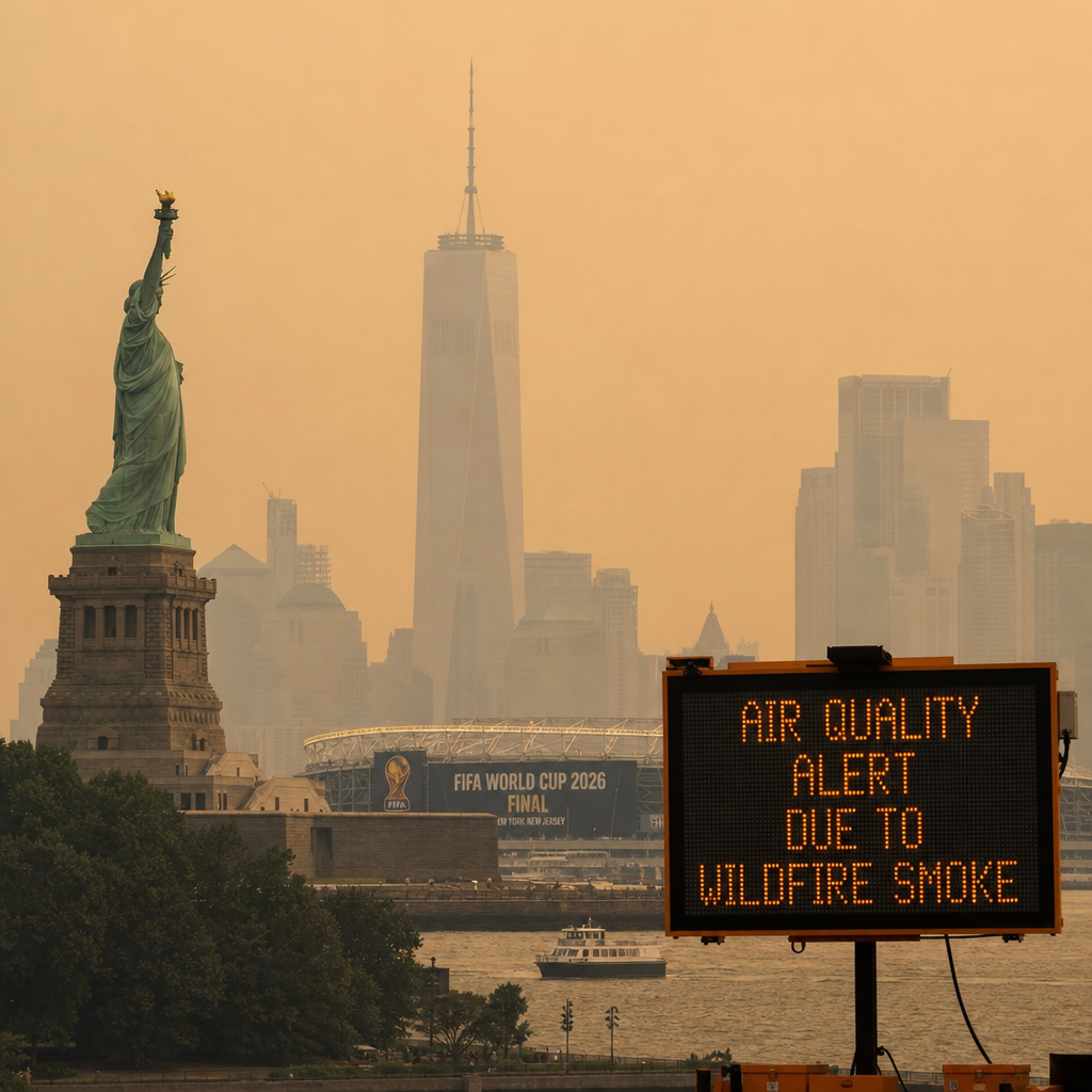 Air quality alert sign with Statue of Liberty and smoky New York City skyline in the background.
