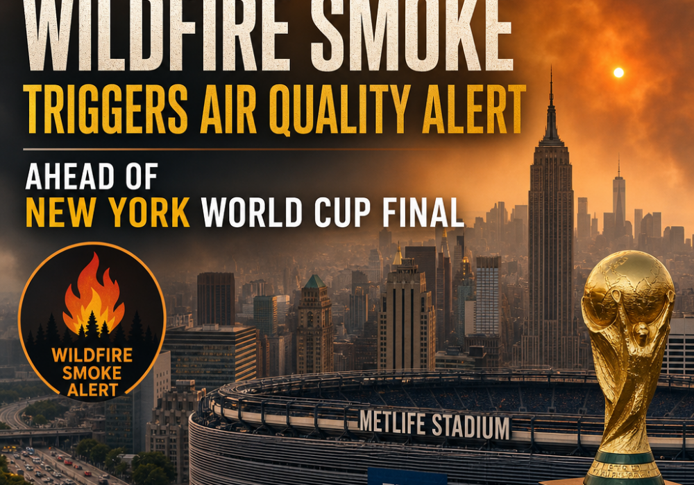 Thick wildfire smoke blankets MetLife Stadium and surrounding areas in New York, prompting an air quality alert.