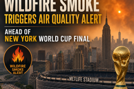 Thick wildfire smoke blankets MetLife Stadium and surrounding areas in New York, prompting an air quality alert.
