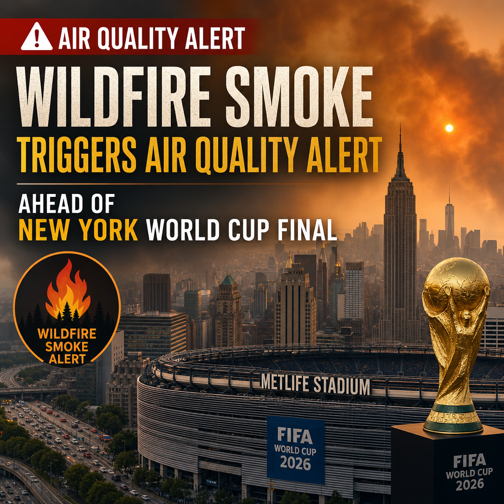 Thick wildfire smoke blankets MetLife Stadium and surrounding areas in New York, prompting an air quality alert.
