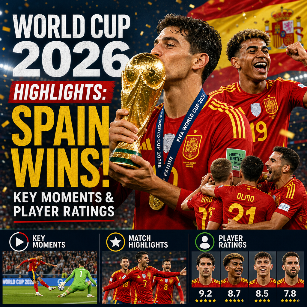Spain celebrates winning the 2026 World Cup, with key moments, match highlights, and player ratings displayed.