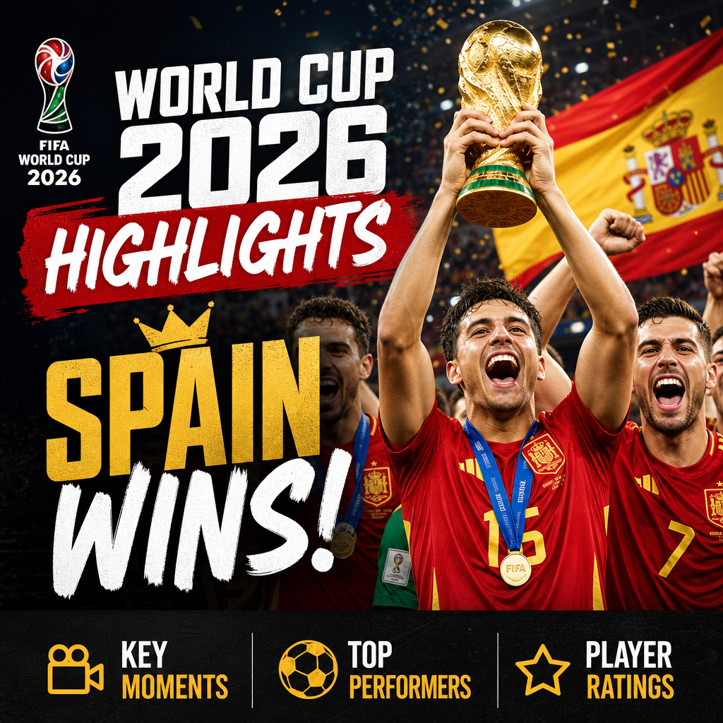 Spain's team celebrating their victory in the FIFA World Cup 2026 with key moments and top player ratings.