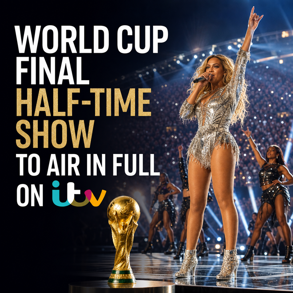 Crowd watching a vibrant live performance with dancers and bright lights at the World Cup Final half-time show.