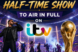 FIFA World Cup trophy in front of performers during the halftime show broadcast on ITV.