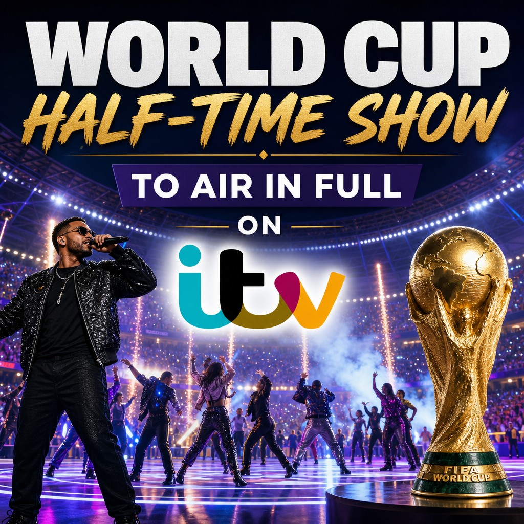 FIFA World Cup trophy in front of performers during the halftime show broadcast on ITV.