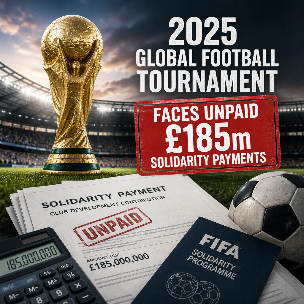 Diagram showing unpaid £185 million solidarity payments linked to the 2025 global football tournament and FIFA's role.