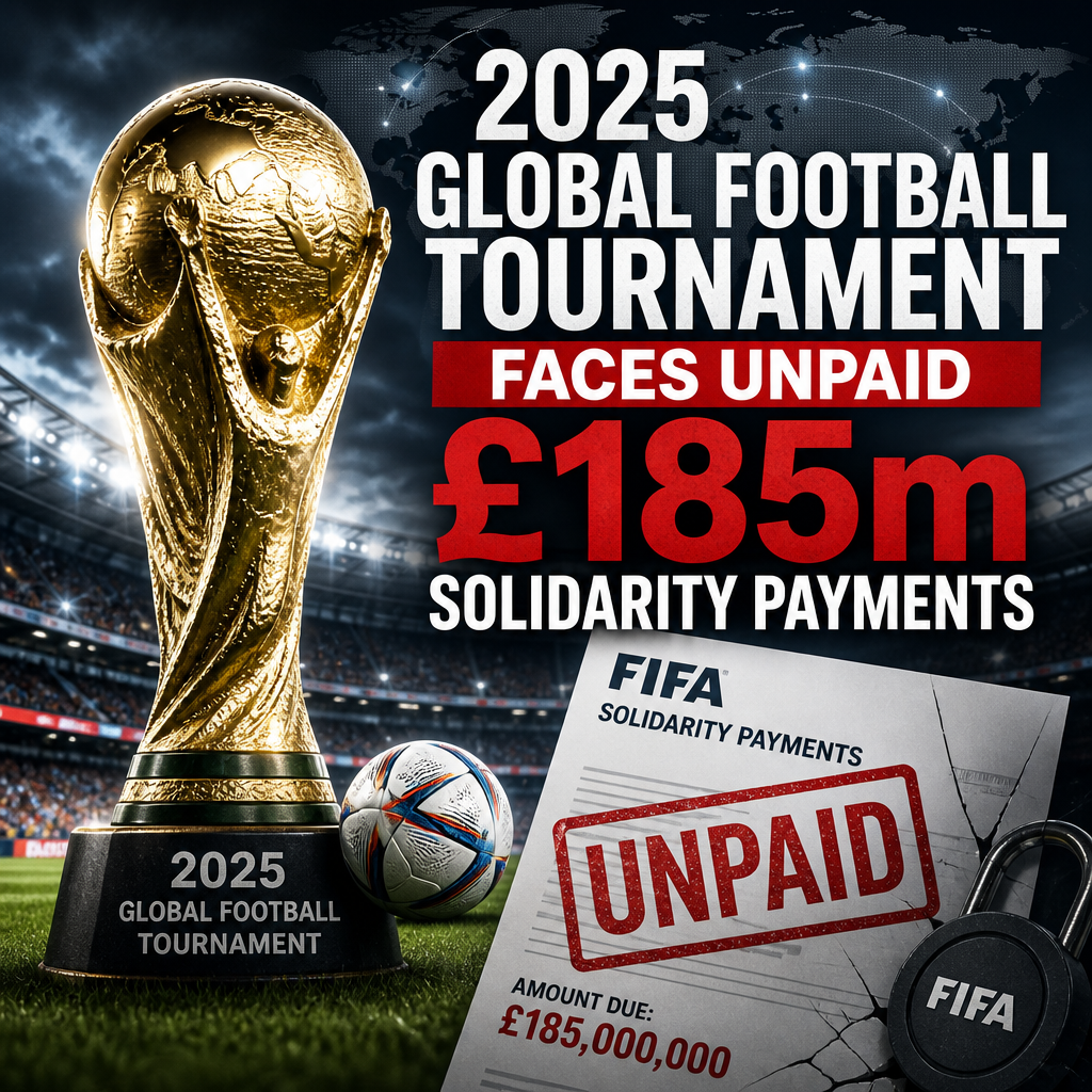 Map showing countries involved in the 2025 global football tournament and unpaid FIFA solidarity payments dispute.