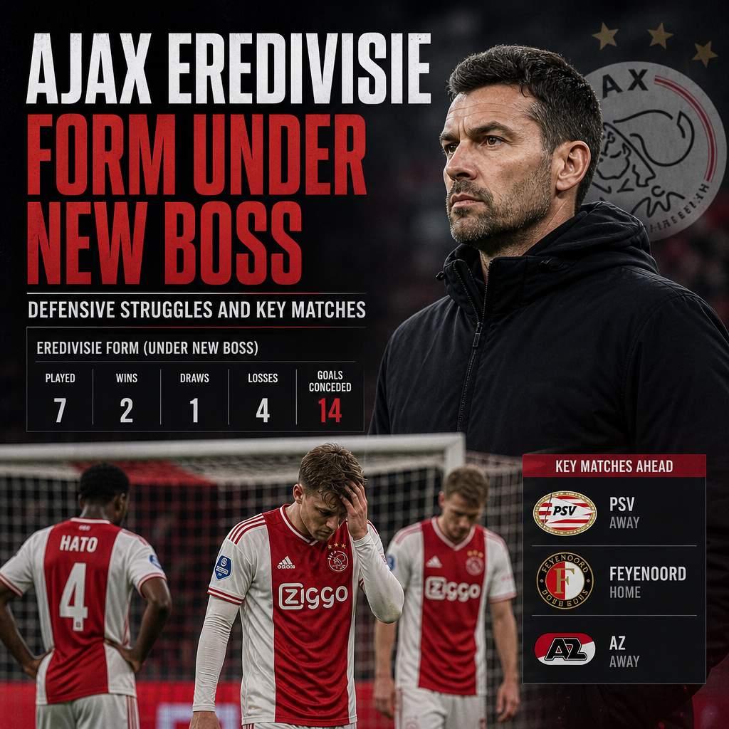Graph showing Ajax's Eredivisie form decline and defensive issues under new coach, highlighting upcoming matches vs PSV, Feye