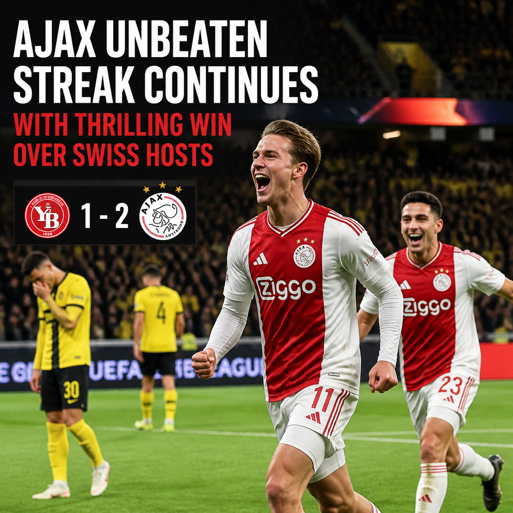 Ajax players celebrate their 2-1 win over Young Boys, extending their unbeaten streak in a thrilling match.