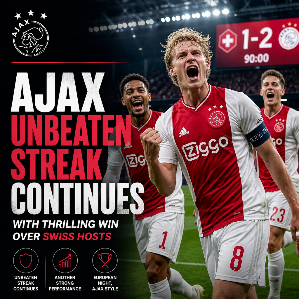 Ajax players celebrate a 2-1 win, maintaining their unbeaten streak against Swiss hosts.