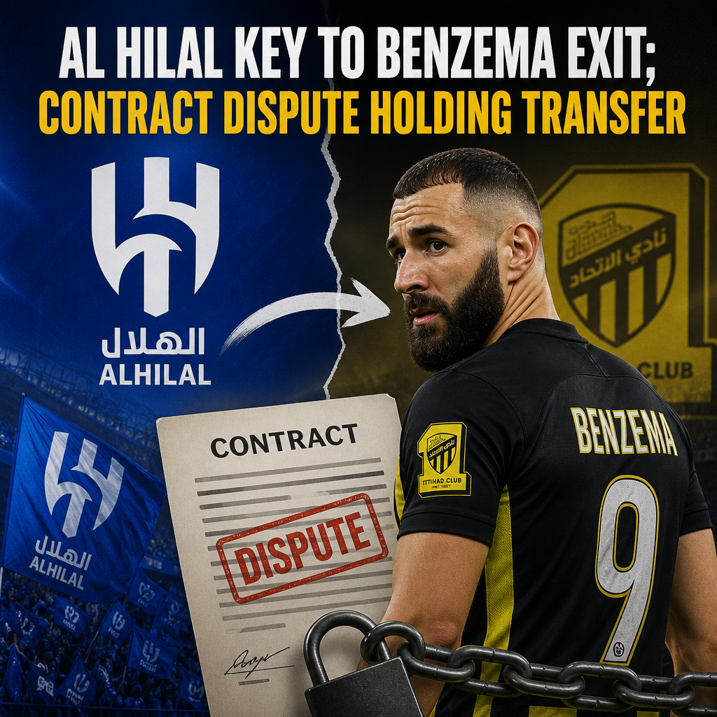 Karim Benzema in Al Hilal jersey, highlighting contract dispute blocking his transfer from Al Ittihad.