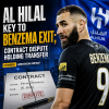 Karim Benzema in an Al Hilal jersey, highlighting his contract dispute affecting his transfer.