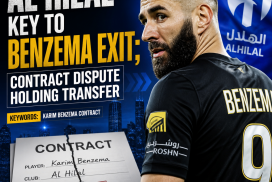 Karim Benzema in an Al Hilal jersey, highlighting his contract dispute affecting his transfer.