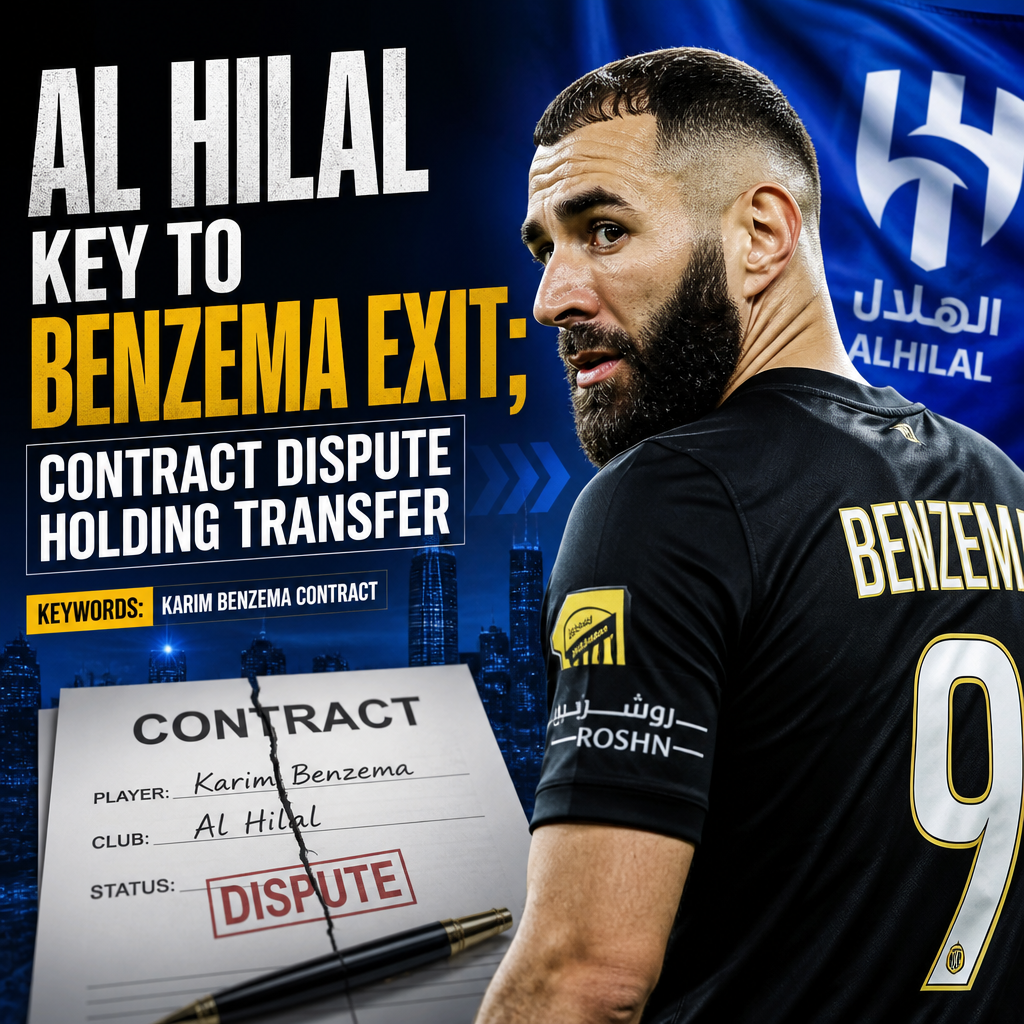 Karim Benzema in an Al Hilal jersey, highlighting his contract dispute affecting his transfer.