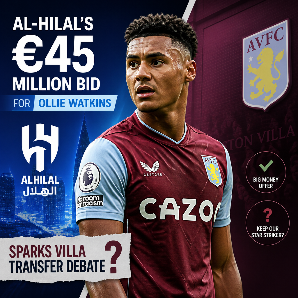 Al-Hilal’s €45 million bid for Aston Villa striker Ollie Watkins shown with club logos and player image.